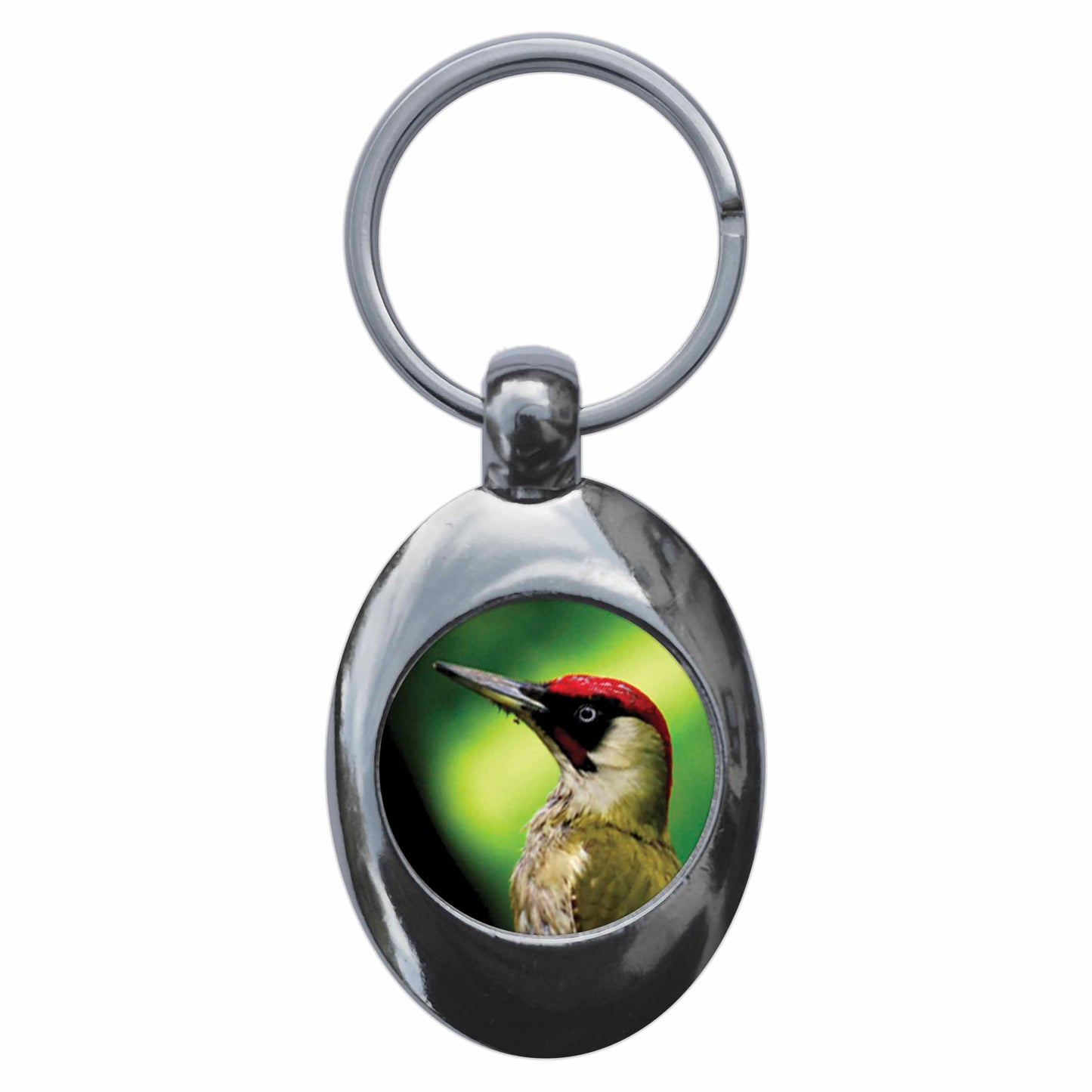 A picture of the front of the product, titled Green Woodpecker Metal Keyring With Trolley Coin