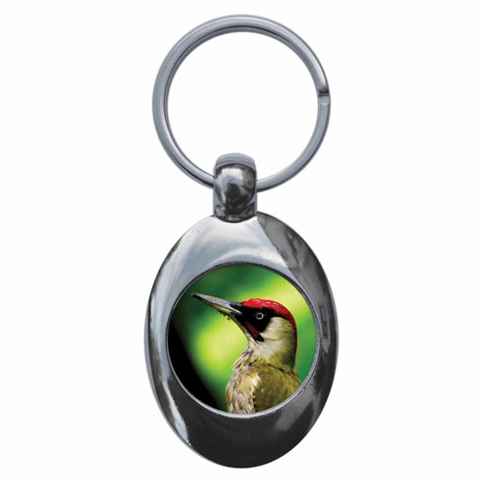 A picture of the front of the product, titled Green Woodpecker Metal Keyring With Trolley Coin