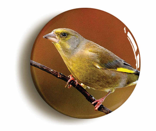 A picture of the front of the product, titled Greenfinch Button Pin Badge