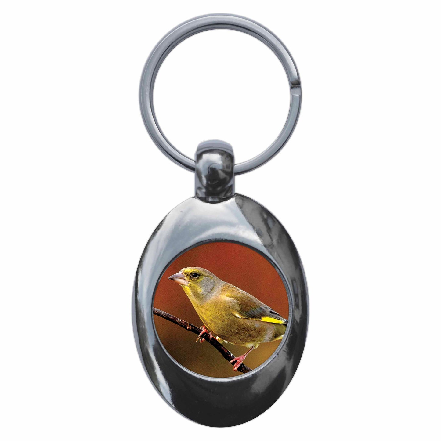 A picture of the front of the product, titled Greenfinch Metal Keyring With Trolley Coin
