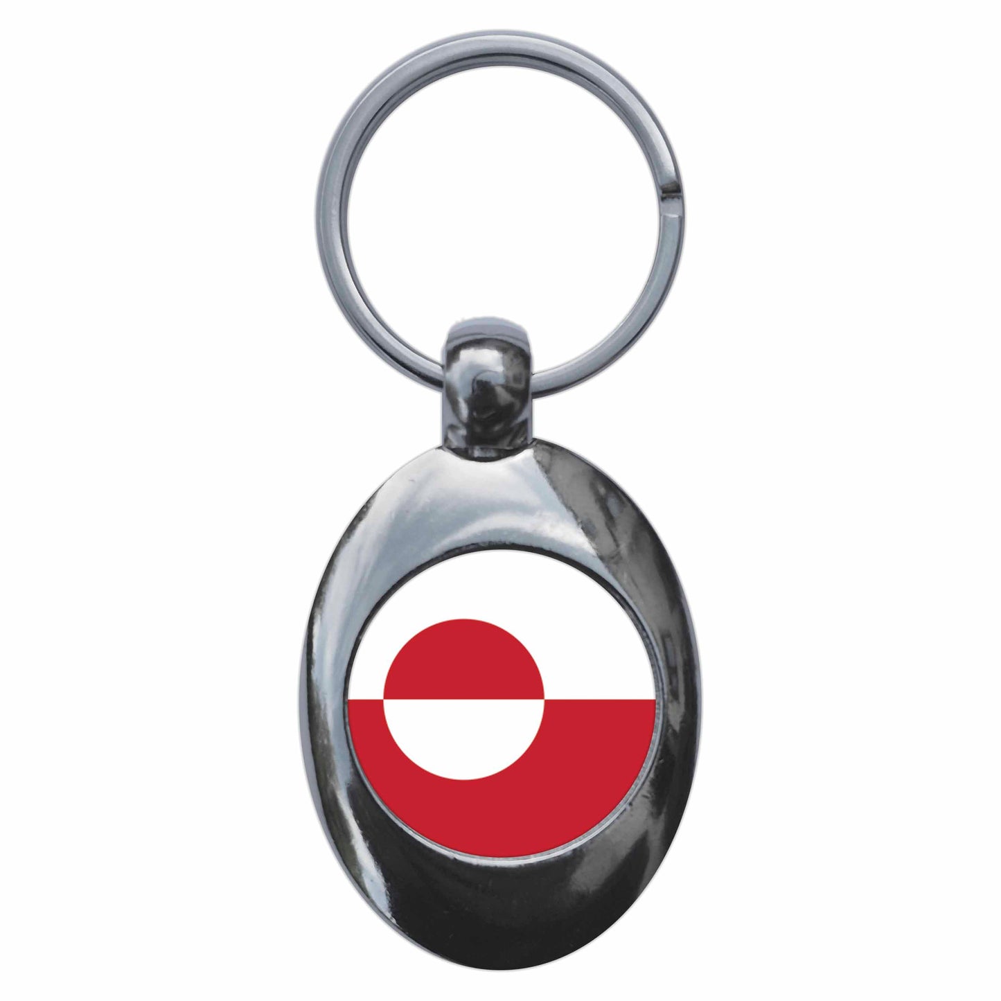 A picture of the front of the product, titled Greenland National Flag Metal Keyring With Trolley Coin
