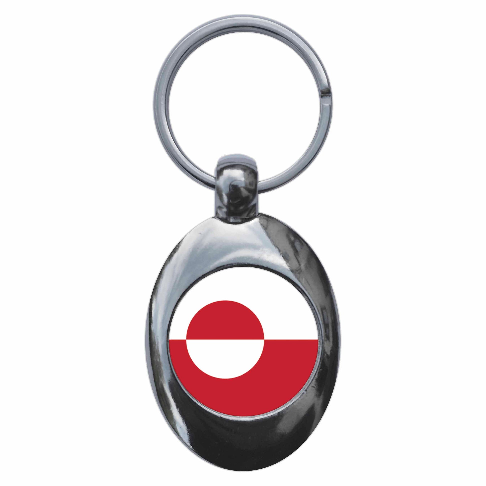 A picture of the front of the product, titled Greenland National Flag Metal Keyring With Trolley Coin