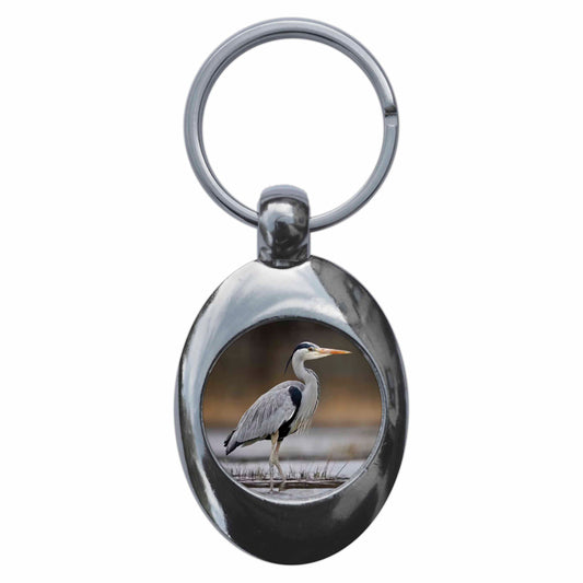 A picture of the front of the product, titled Grey Heron Metal Keyring With Trolley Coin