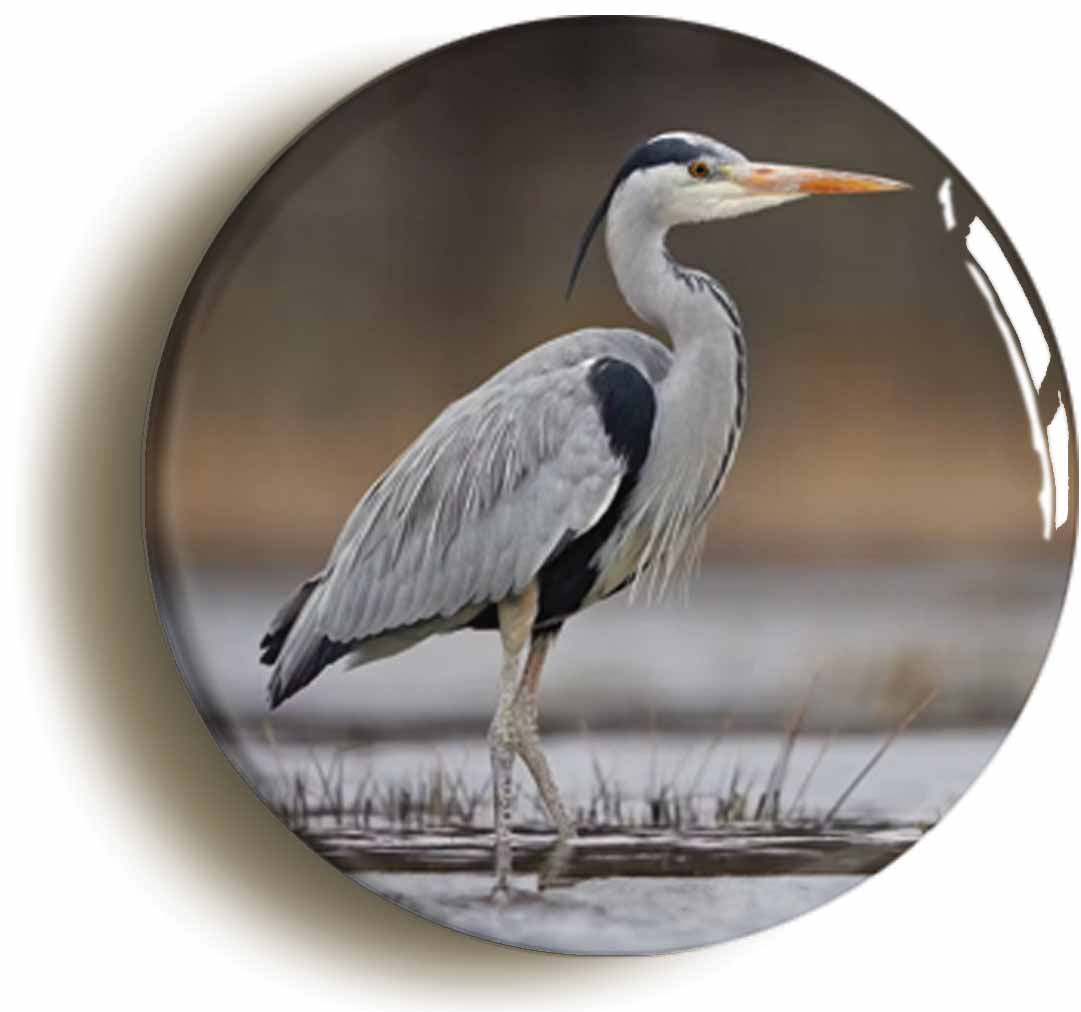 A picture of the front of the product, titled Grey Heron Circular 50mm Fridge Magnet