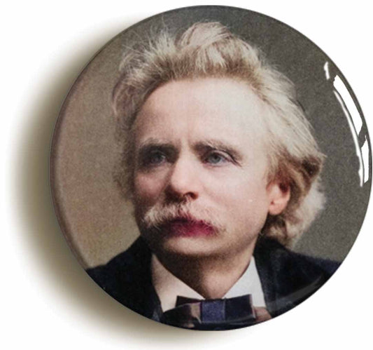 A picture of the front of the product, titled Edvard Grieg Romanic Classical Music Button Pin Badge