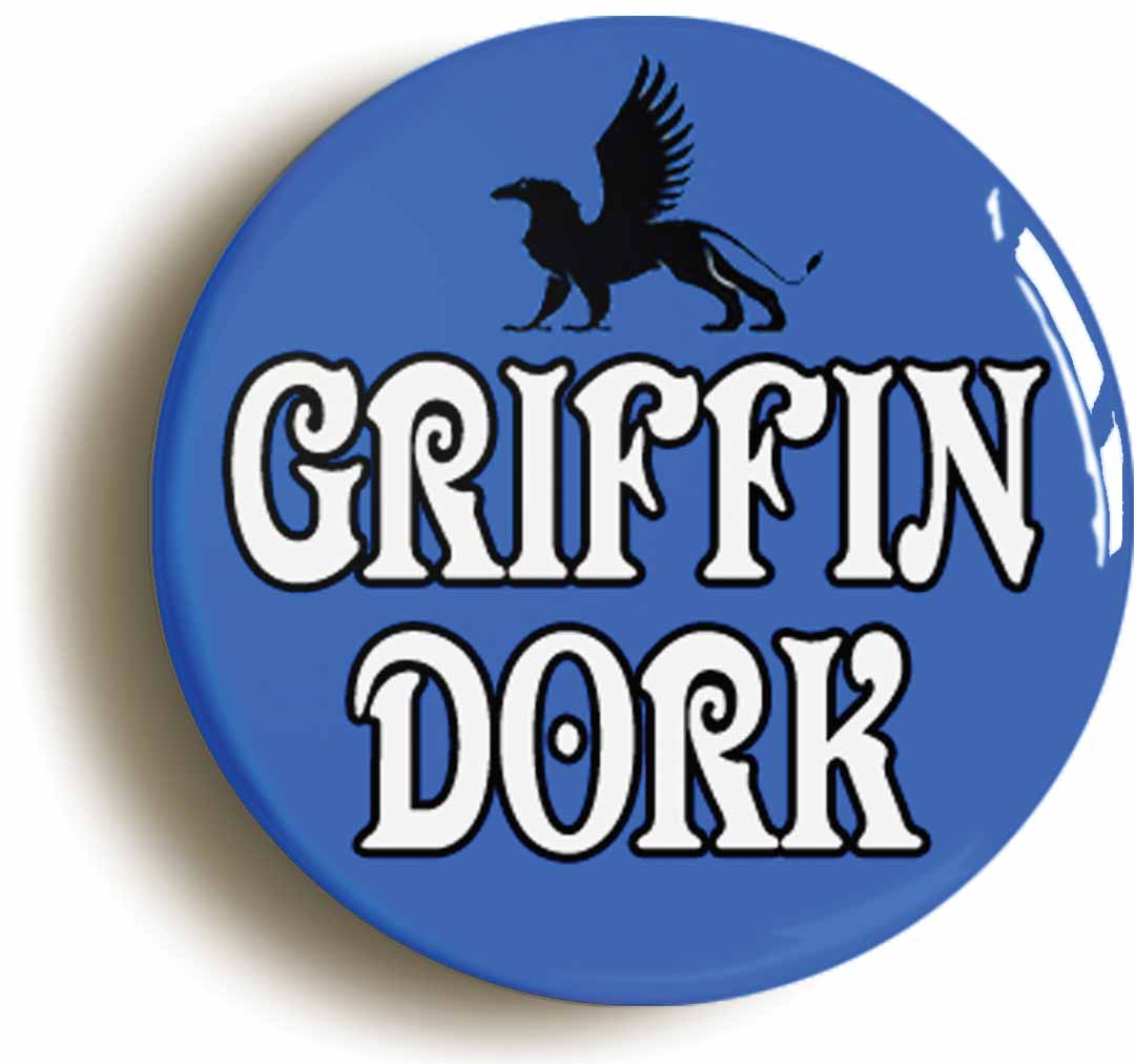 A picture of the front of the product, titled Griffin Dork Funny Geek Wizard Button Pin Badge