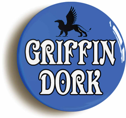 A picture of the front of the product, titled Griffin Dork Funny Geek Wizard Button Pin Badge