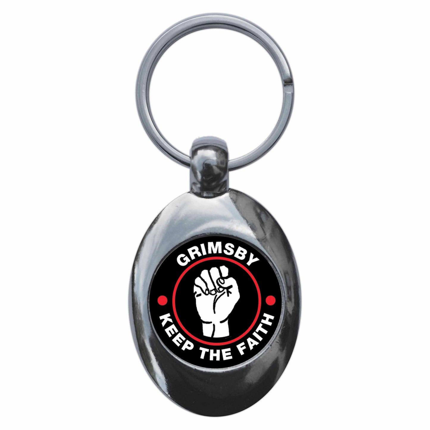 A picture of the front of the product, titled Grimsby Keep The Faith Northern Soul Metal Keyring With Trolley Coin