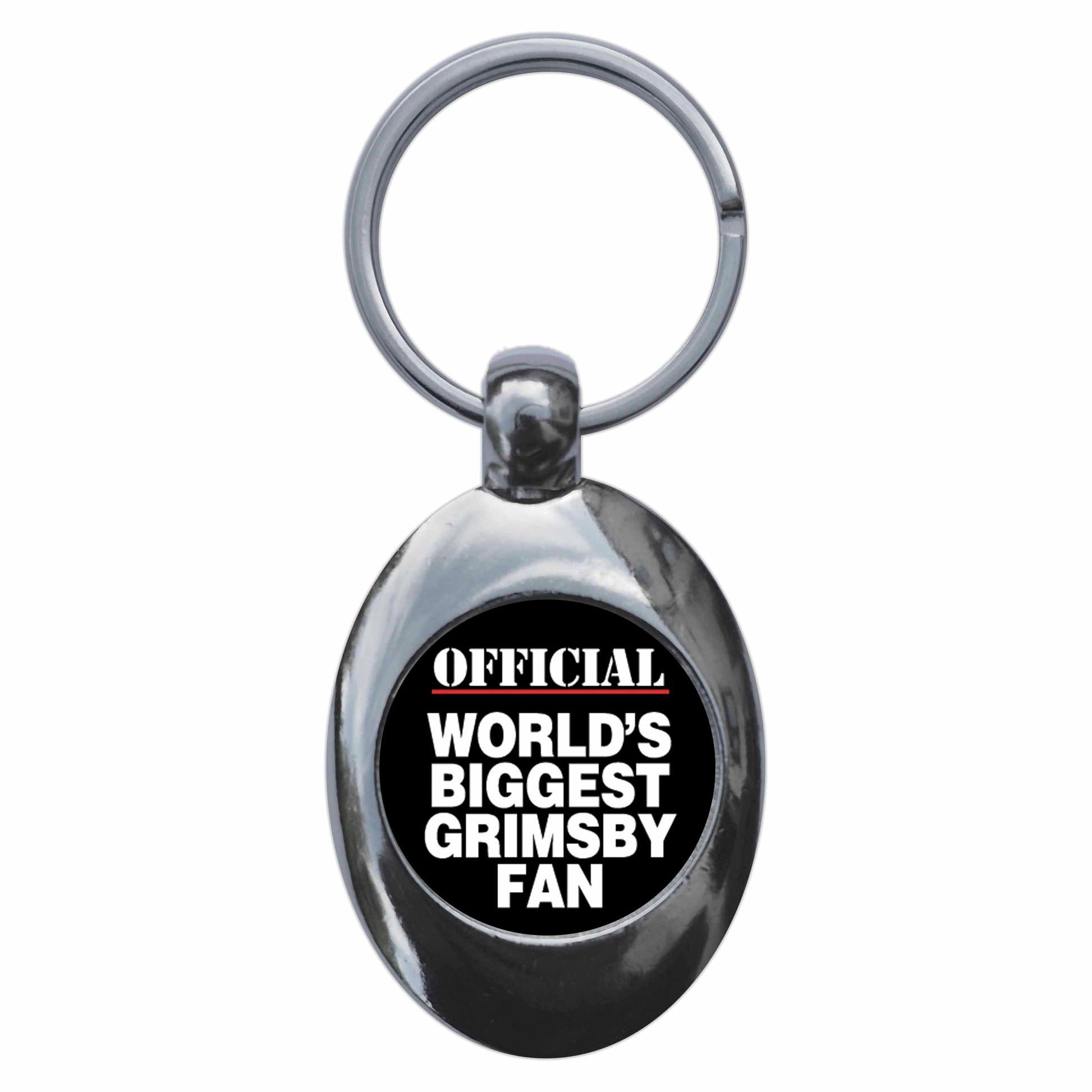 A picture of the front of the product, titled World's Biggest Grimsby Fan Metal Keyring With Trolley Coin