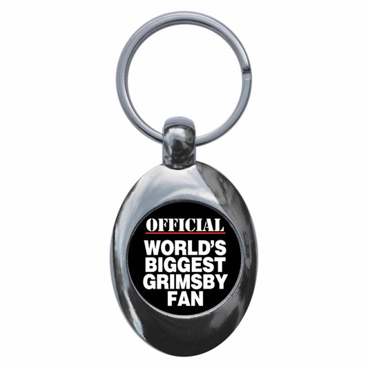 A picture of the front of the product, titled World's Biggest Grimsby Fan Metal Keyring With Trolley Coin