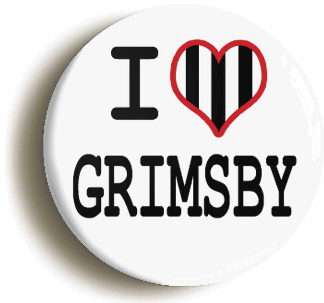 A picture of the front of the product, titled I Heart Love Grimsby Button Pin Badge
