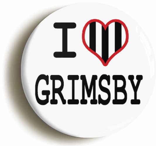 A picture of the front of the product, titled I Heart Love Grimsby Circular 50mm Fridge Magnet