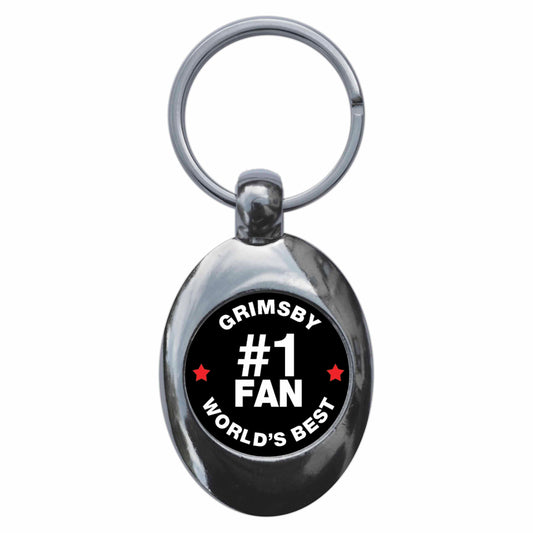 A picture of the front of the product, titled Grimsby #1 Fan Metal Keyring With Trolley Coin