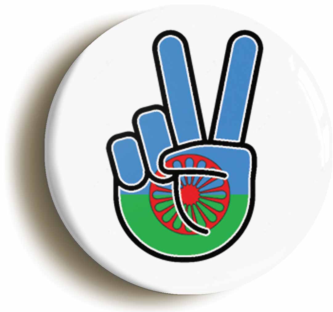 A picture of the front of the product, titled GRT Gypsy Roma Traveller Flag National Flag Peace Sign V Button Pin Badge