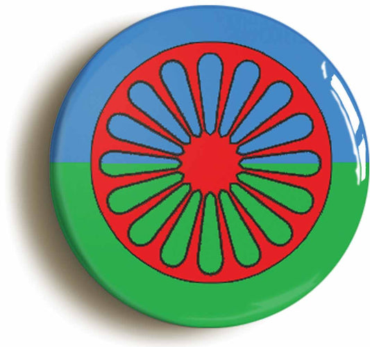 A picture of the front of the product, titled Gypsy Roma Traveller Symbol Flag Button Pin Badge