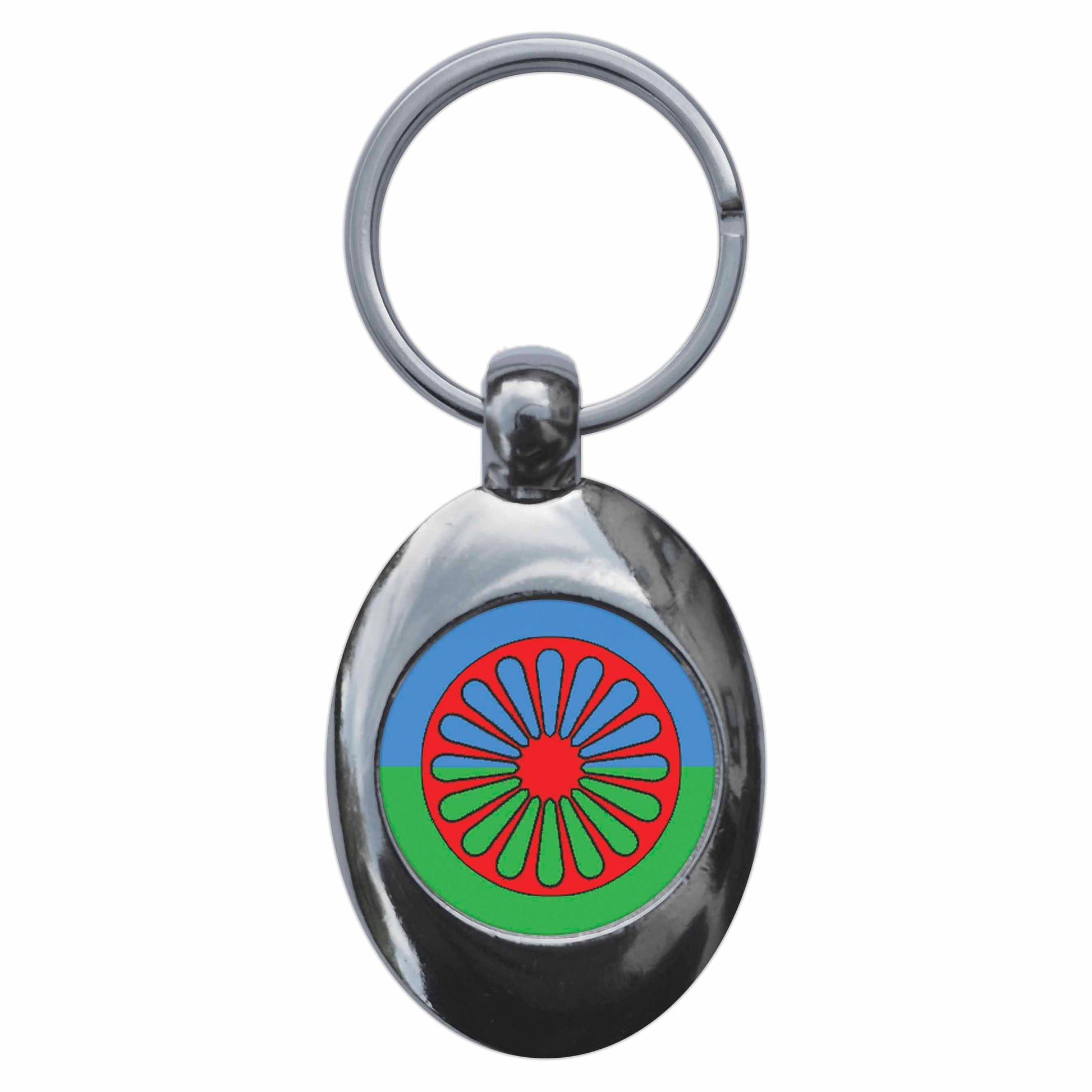 A picture of the front of the product, titled Gypsy Roma Traveller Symbol Flag Metal Keyring With Trolley Coin