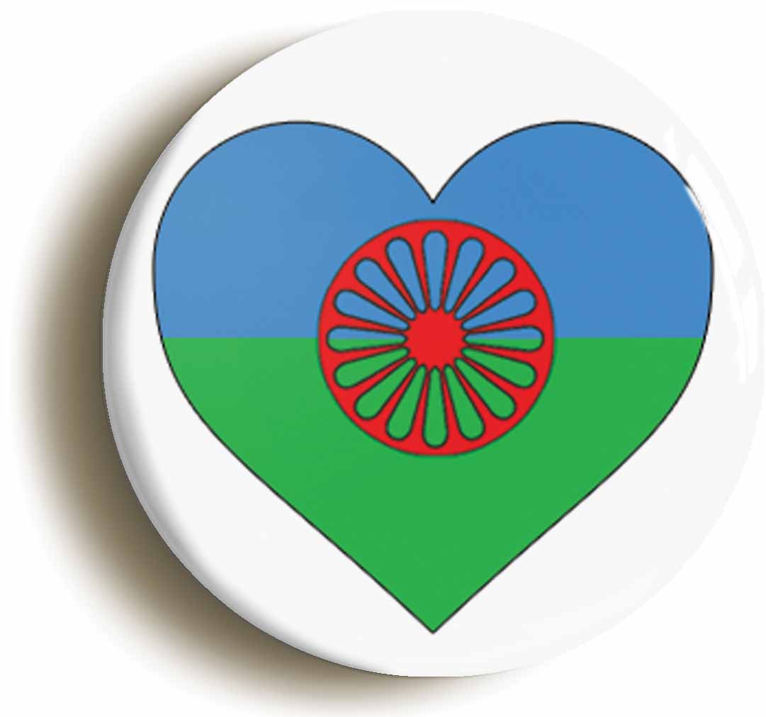 A picture of the front of the product, titled Gypsy Roma Traveller Flag Heart Button Pin Badge
