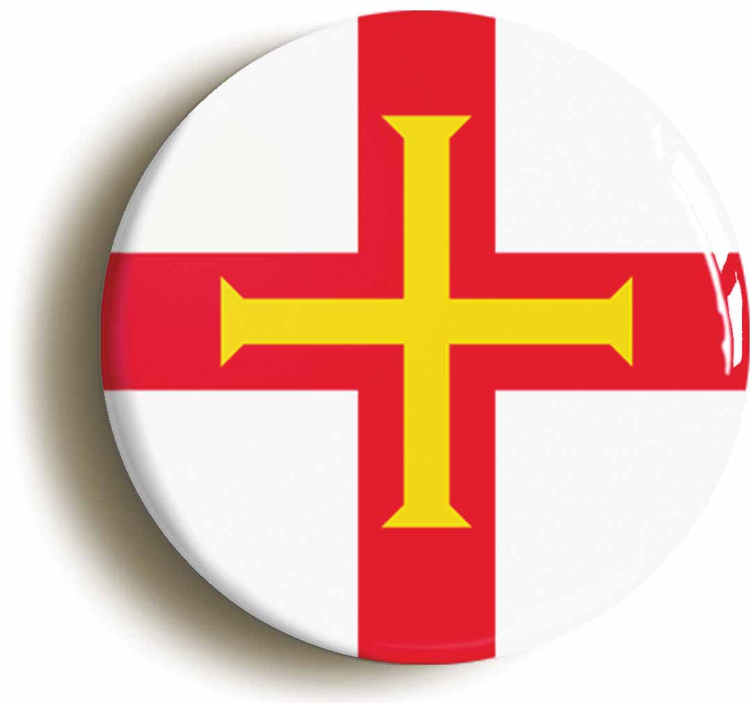 A picture of the front of the product, titled Guernsey Channel Islands Flag Circular 50mm Fridge Magnet