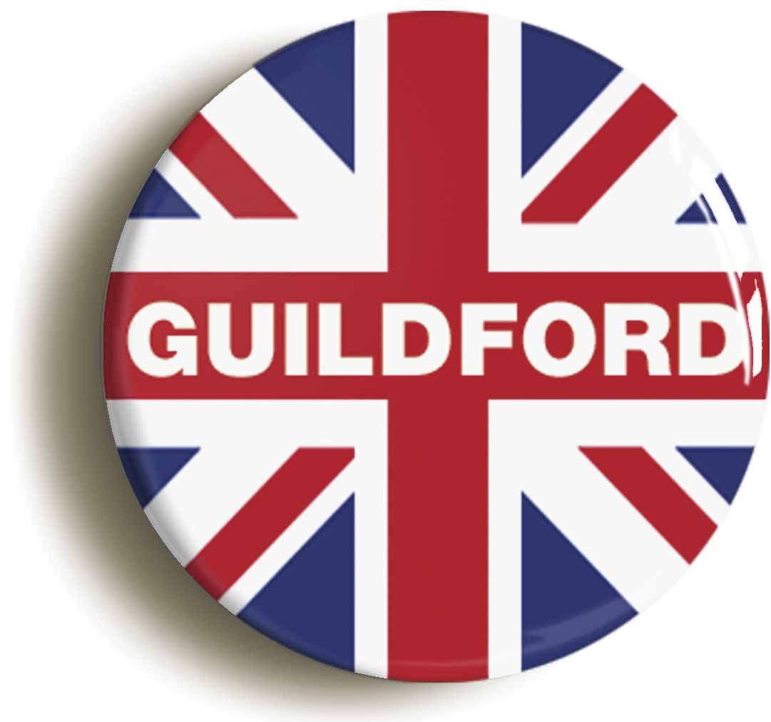 A picture of the front of the product, titled Guildford Union Jack Circular 50mm Fridge Magnet