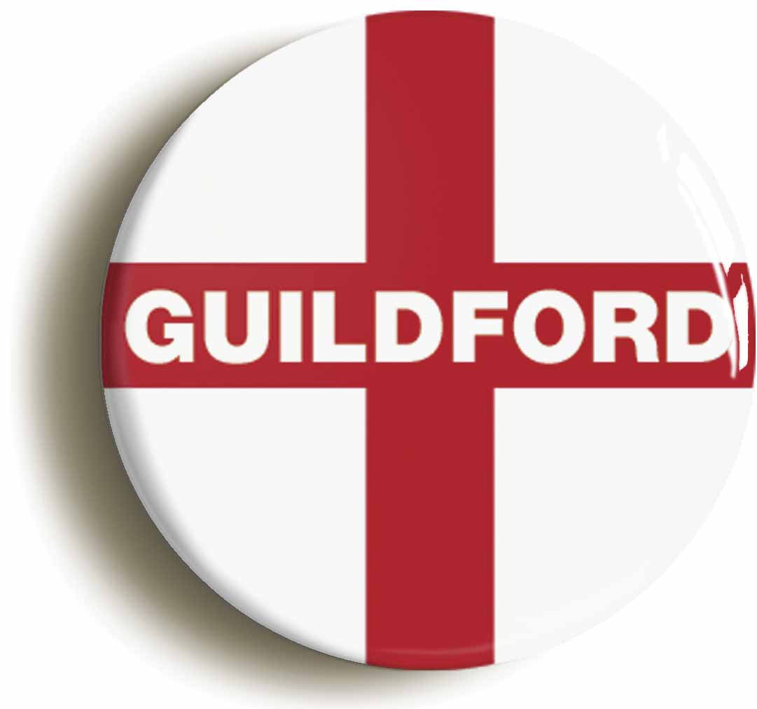 A picture of the front of the product, titled Guildford England Flag Circular 50mm Fridge Magnet
