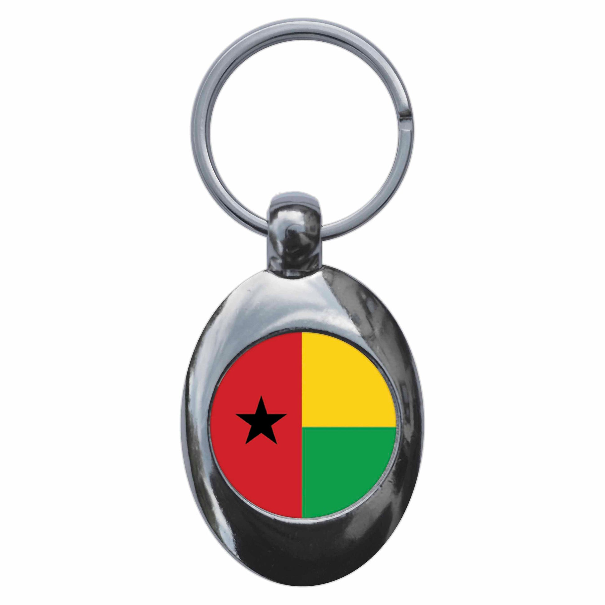A picture of the front of the product, titled Guinea Bissau National Flag Metal Keyring With Trolley Coin