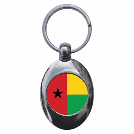 A picture of the front of the product, titled Guinea Bissau National Flag Metal Keyring With Trolley Coin