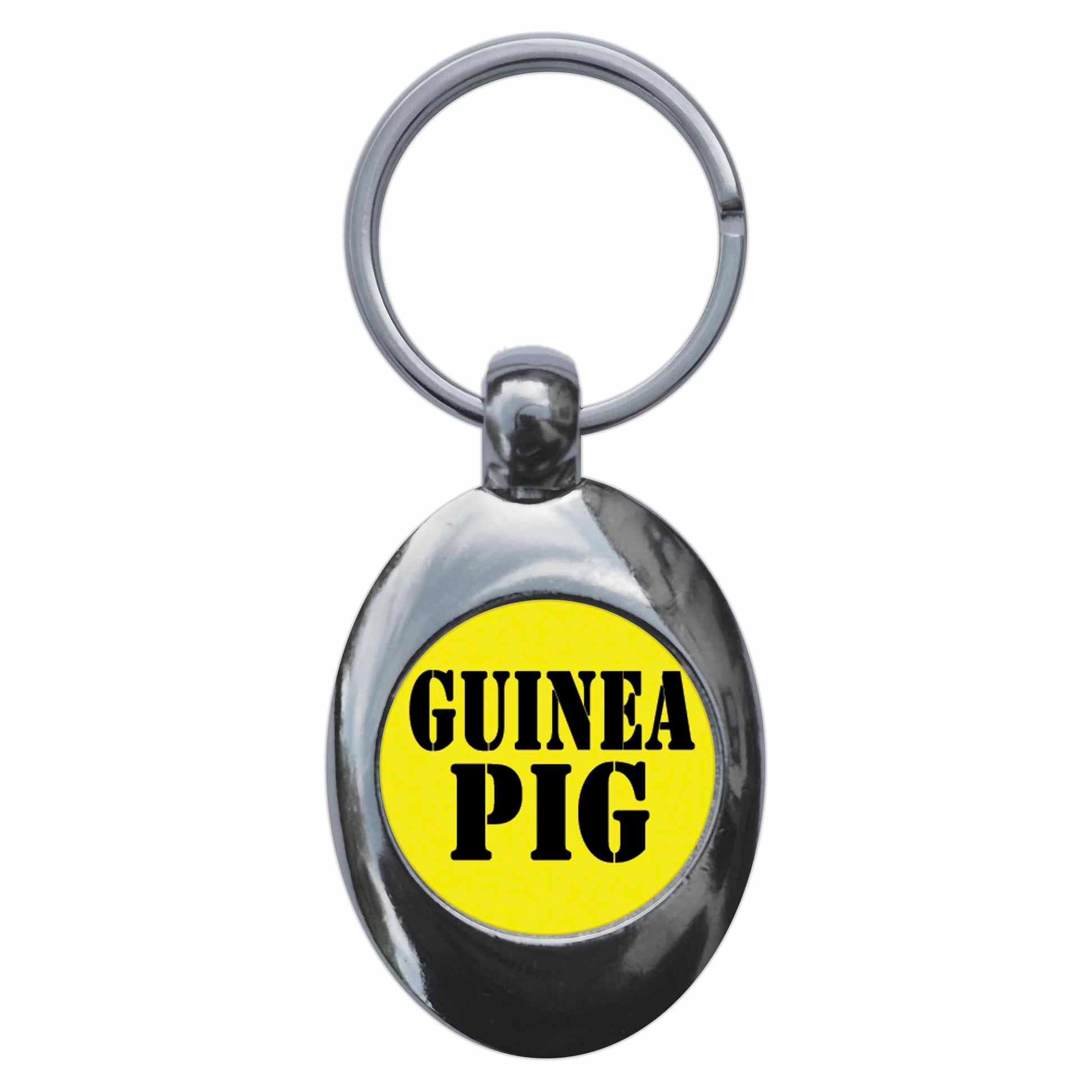 A picture of the front of the product, titled Guinea Pig Funny Joke Metal Keyring With Trolley Coin