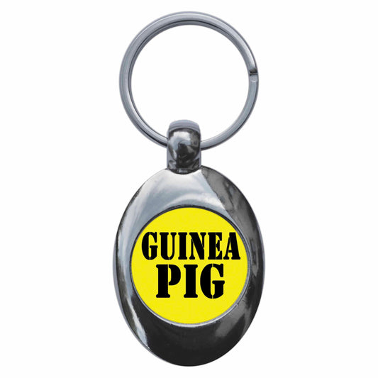 A picture of the front of the product, titled Guinea Pig Funny Joke Metal Keyring With Trolley Coin