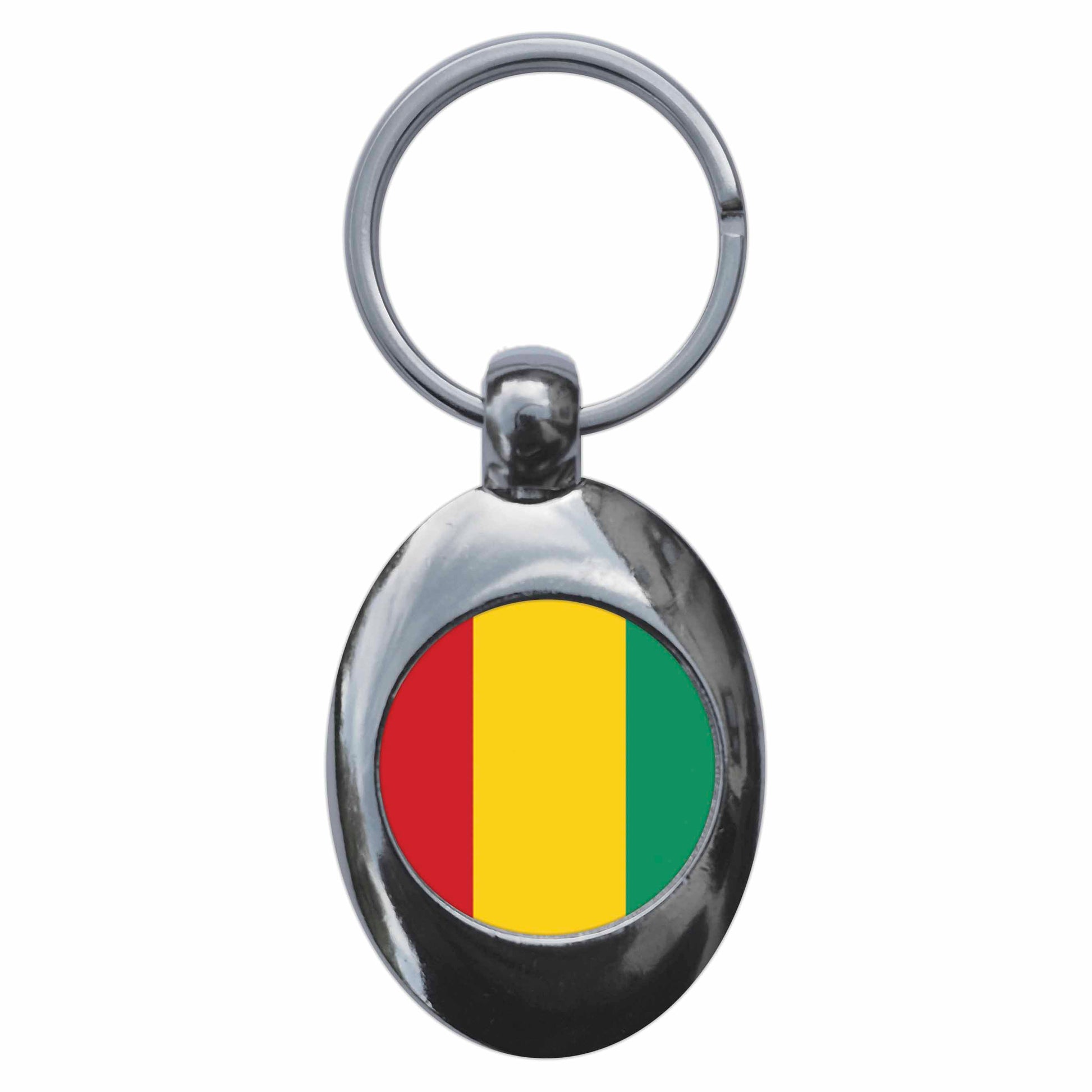 A picture of the front of the product, titled Guinea Guinean National Flag Metal Keyring With Trolley Coin
