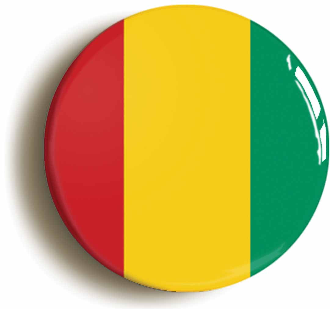 A picture of the front of the product, titled Guinea Guinean National Flag Circular 50mm Fridge Magnet