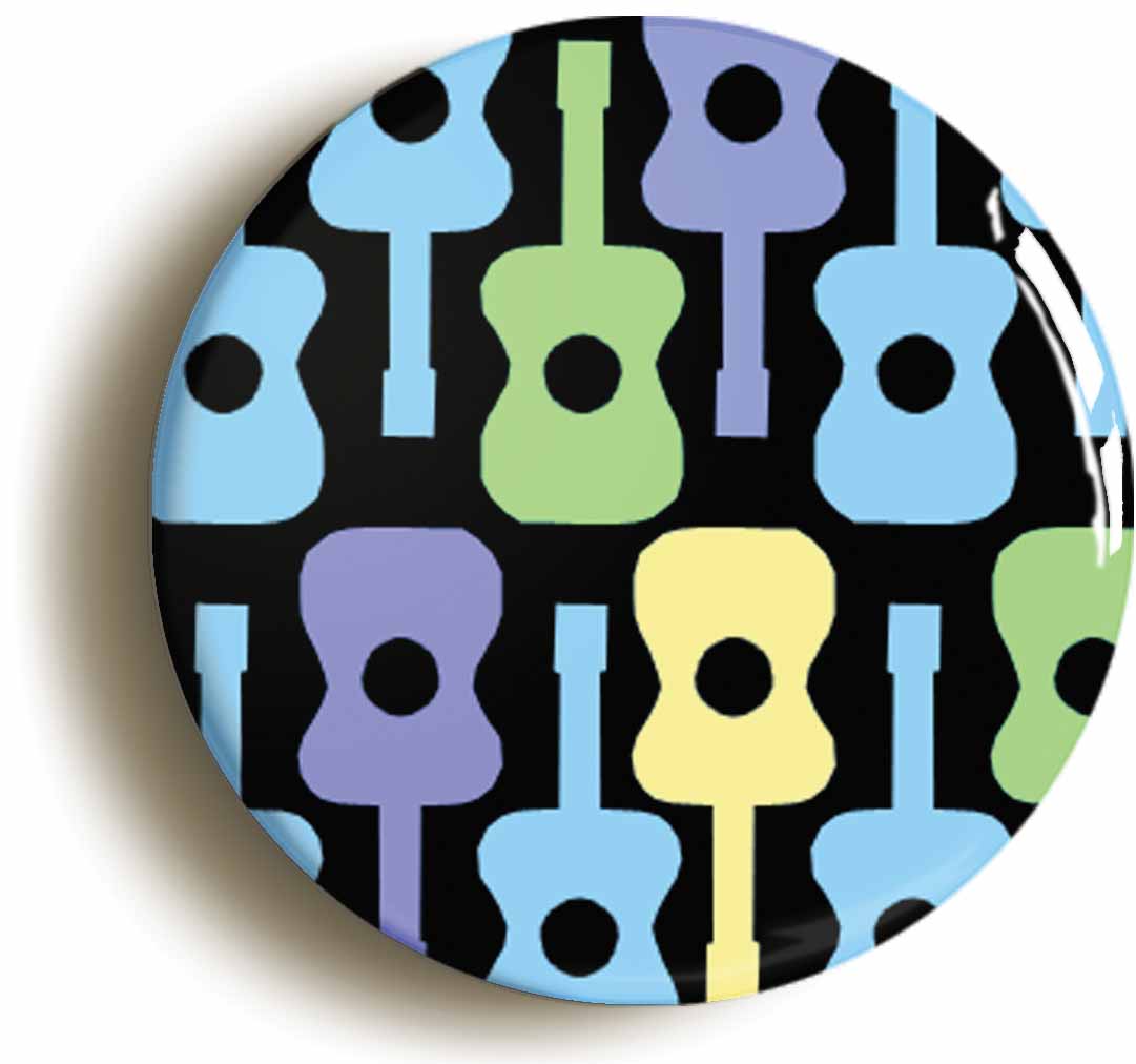 A picture of the front of the product, titled Psychedelic Guitar Pattern Button Pin Badge