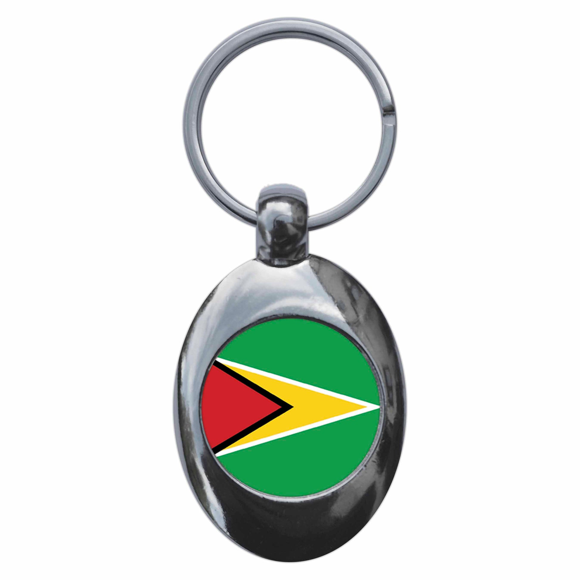 A picture of the front of the product, titled Guyana Guyanese National Flag Metal Keyring With Trolley Coin