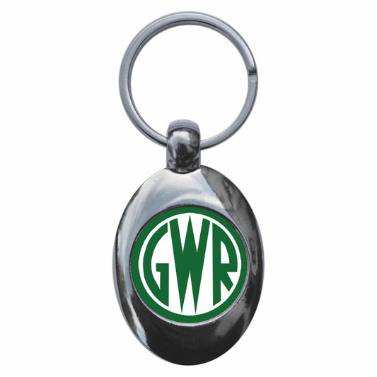 A picture of the front of the product, titled GWR Great Western Railway Retro Logo Metal Keyring With Trolley Coin
