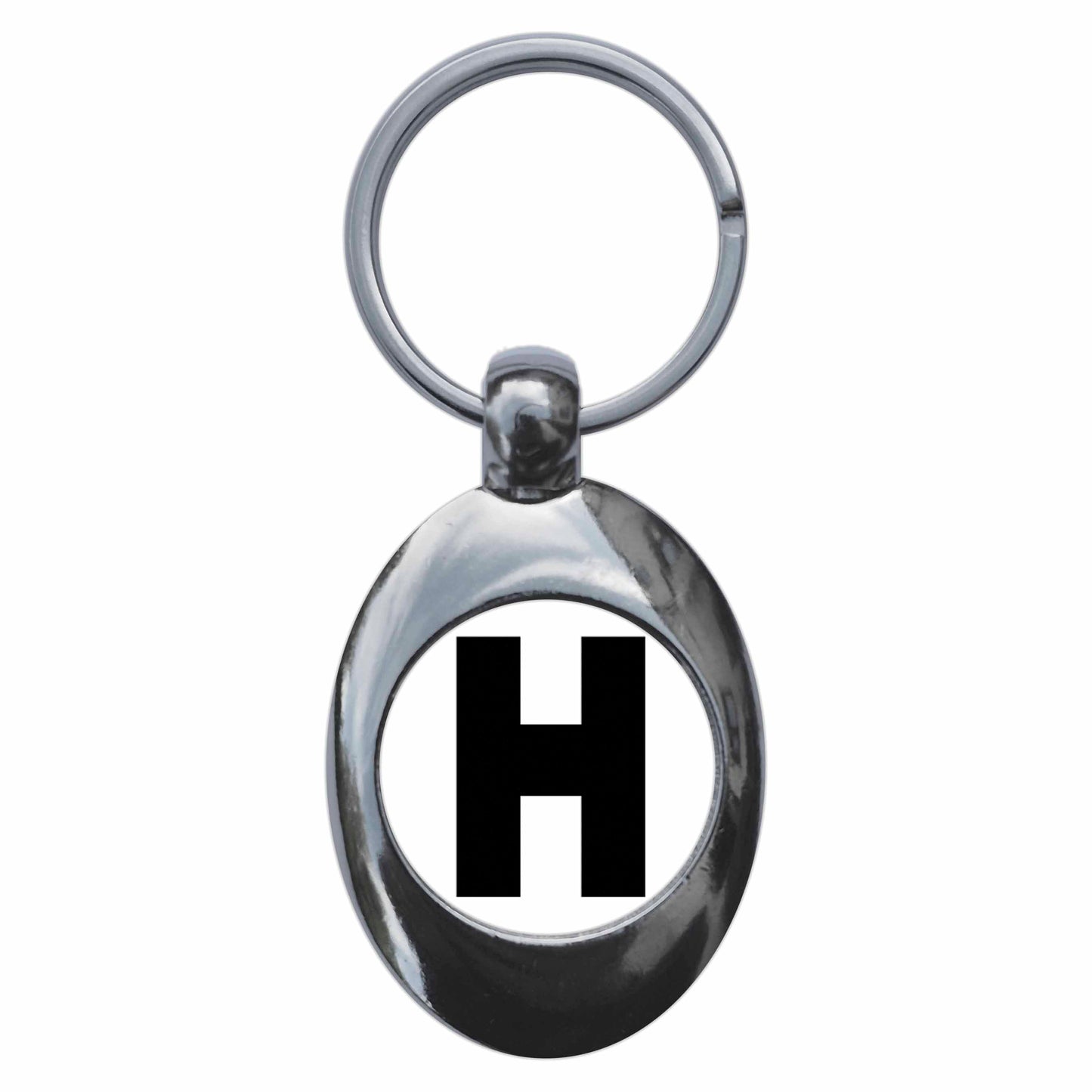 A picture of the front of the product, titled Letter H Metal Keyring With Trolley Coin