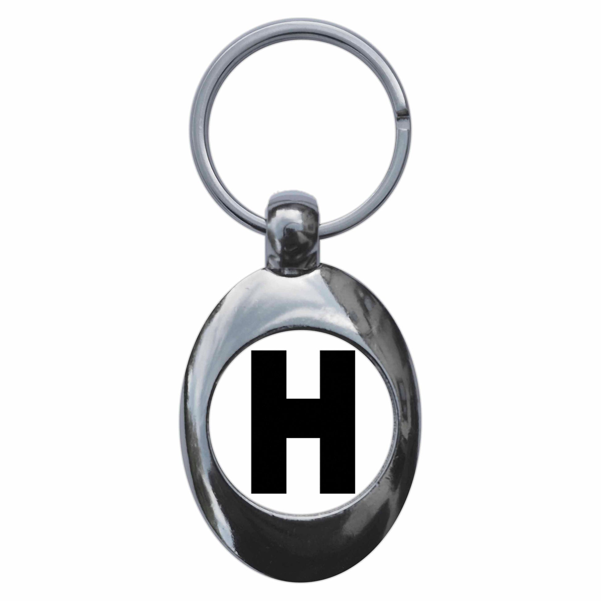 A picture of the front of the product, titled Letter H Metal Keyring With Trolley Coin