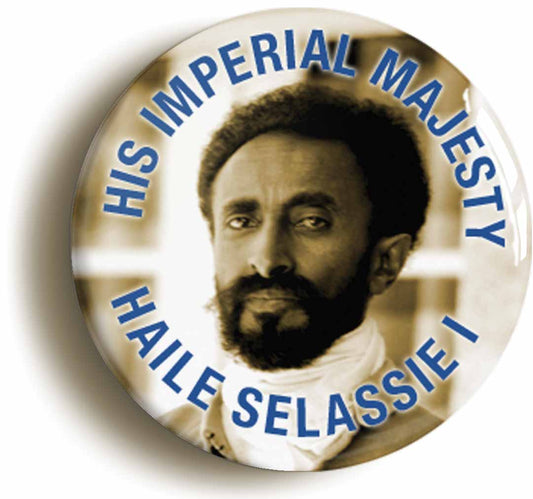 A picture of the front of the product, titled Emperor Haile Selassie Reggae Rastafarian Button Pin Badge
