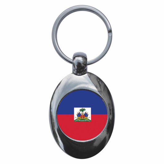 A picture of the front of the product, titled Haiti Haitian National Flag Metal Keyring With Trolley Coin