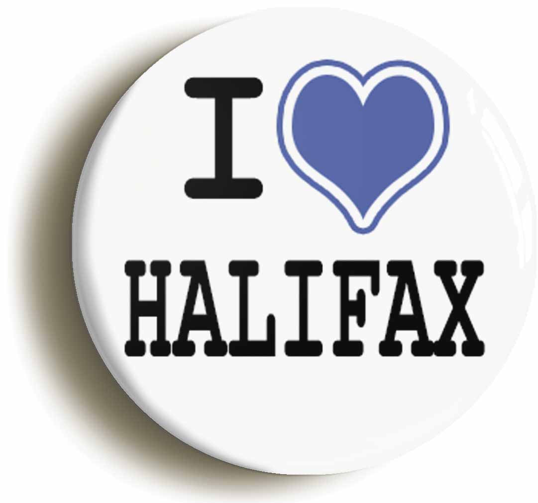 A picture of the front of the product, titled I Heart Love Halifax Circular 50mm Fridge Magnet