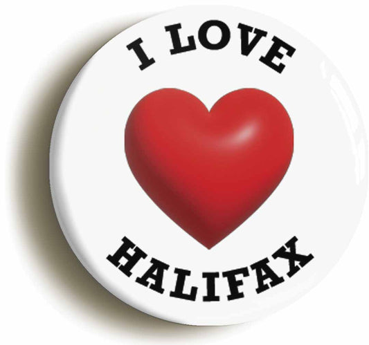 A picture of the front of the product, titled I Heart Love Halifax Location Circular 50mm Fridge Magnet