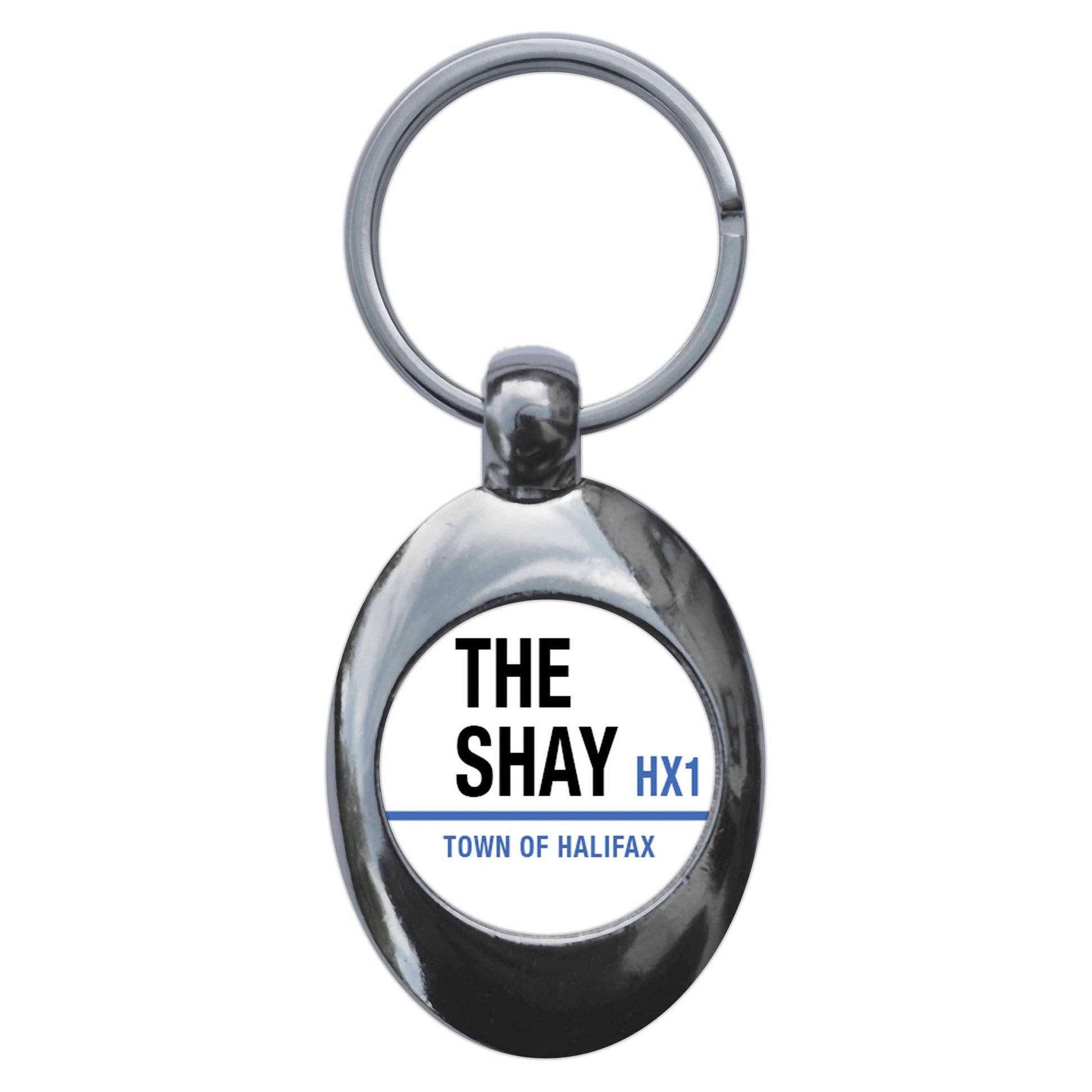 A picture of the front of the product, titled The Shay HX1 Halifax Road Sign Metal Keyring With Trolley Coin