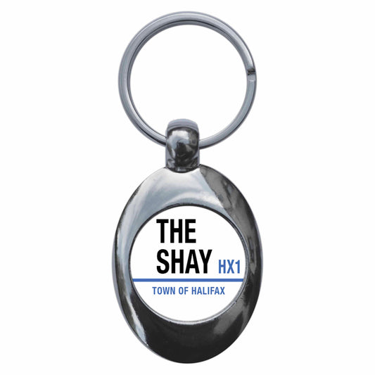 A picture of the front of the product, titled The Shay HX1 Halifax Road Sign Metal Keyring With Trolley Coin