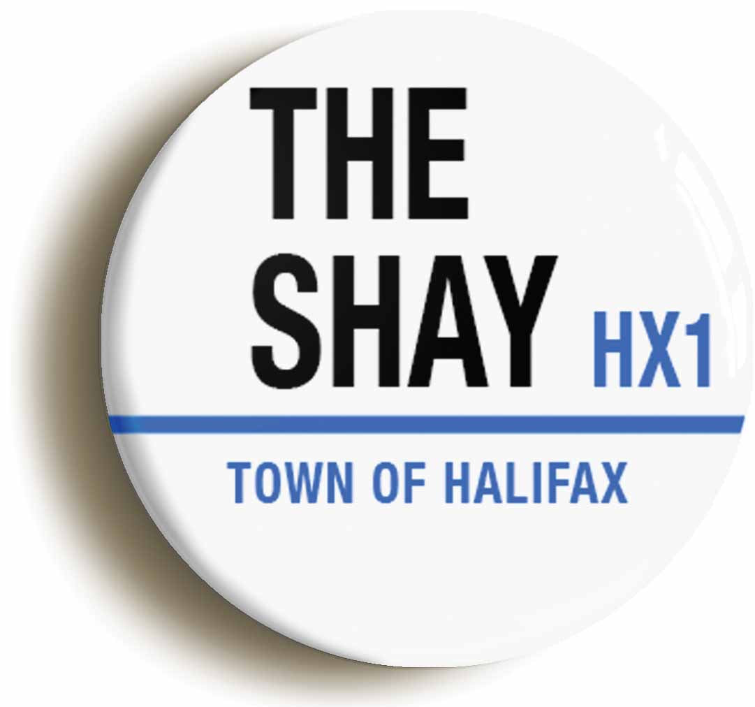 A picture of the front of the product, titled The Shay HX1 Halifax Road Sign Circular 50mm Fridge Magnet