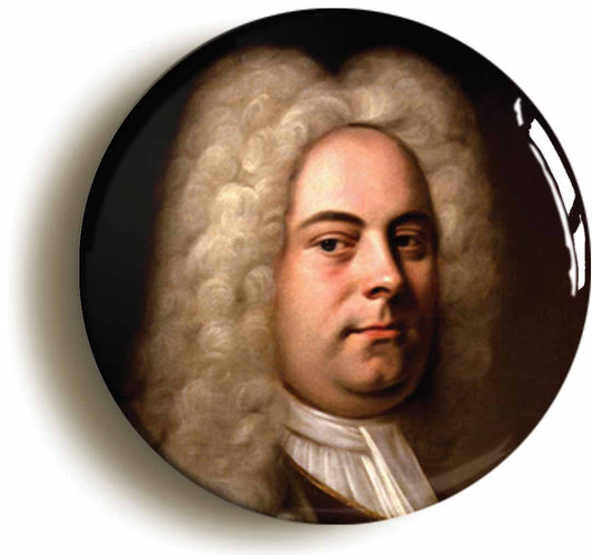 A picture of the front of the product, titled George Frideric Handel Classical Music Button Pin Badge
