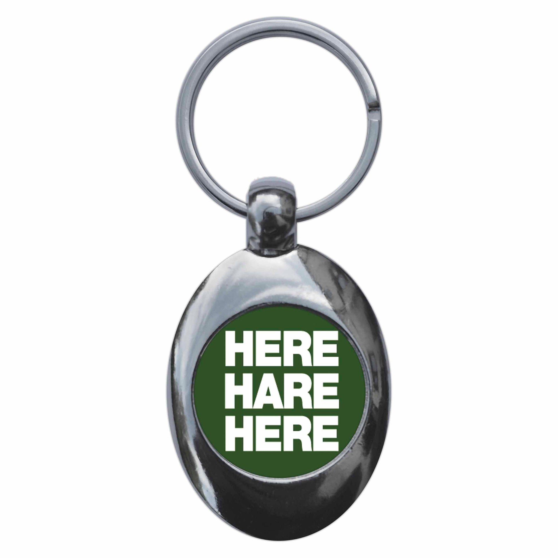 A picture of the front of the product, titled Here Hare Here Metal Keyring With Trolley Coin
