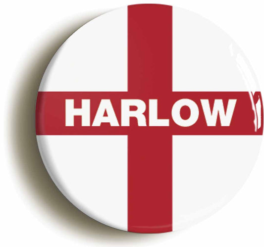 A picture of the front of the product, titled Harlow England Flag Circular 50mm Fridge Magnet