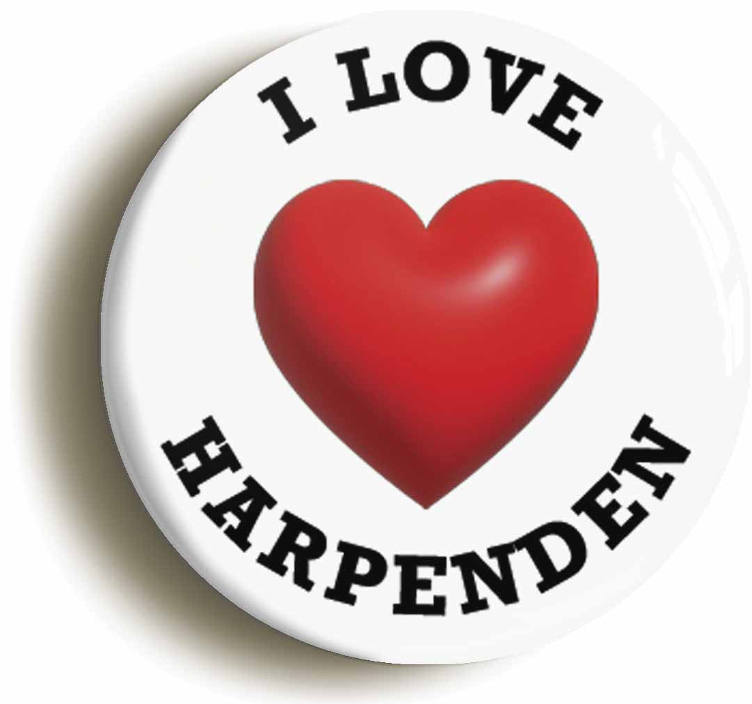 A picture of the front of the product, titled I Heart Love Harpenden Location Circular 50mm Fridge Magnet