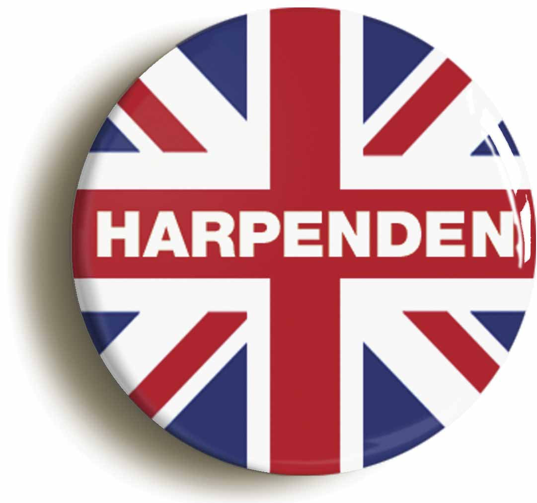 A picture of the front of the product, titled Harpenden Union Jack Button Pin Badge