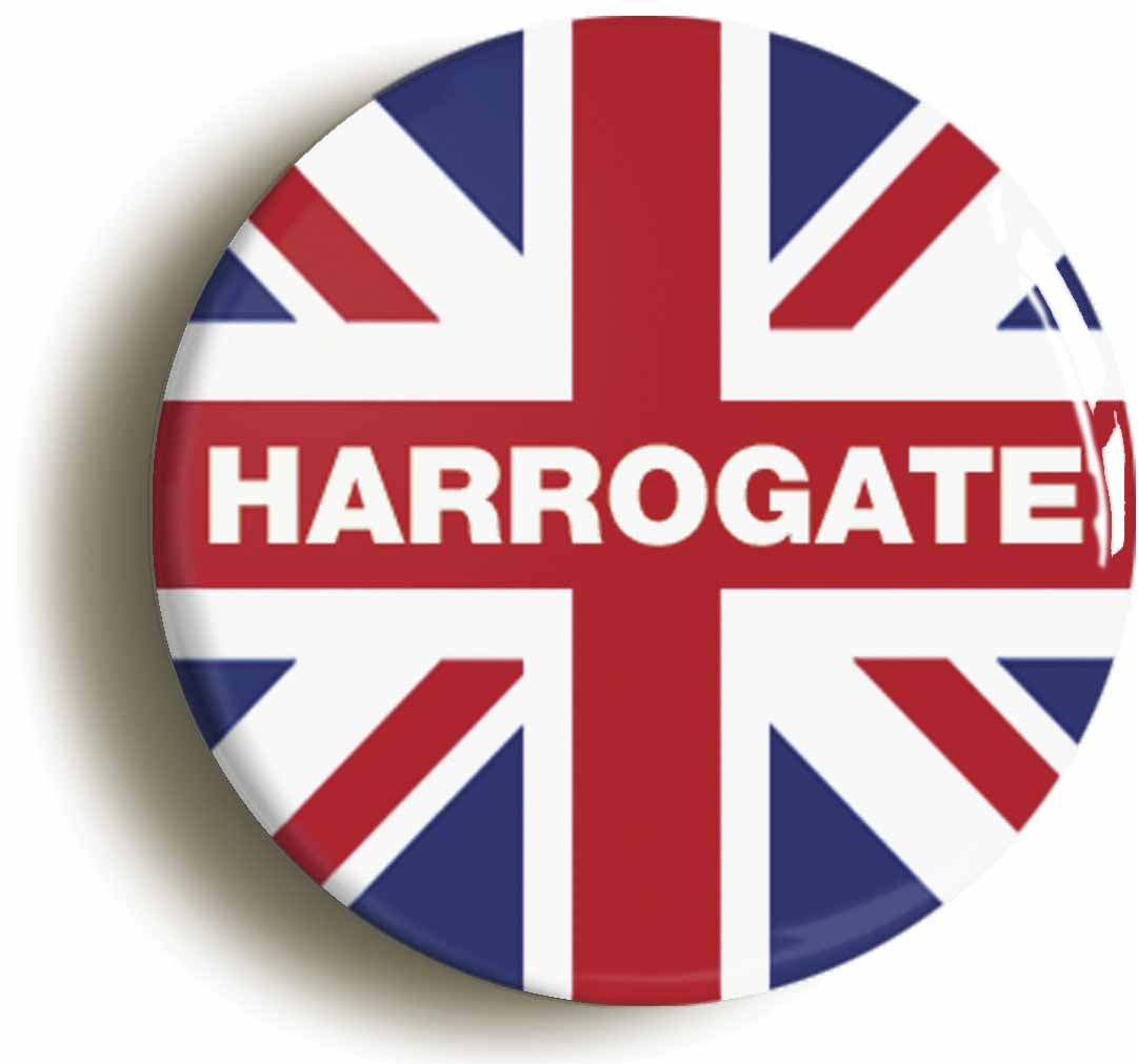 A picture of the front of the product, titled Harrogate Union Jack Button Pin Badge