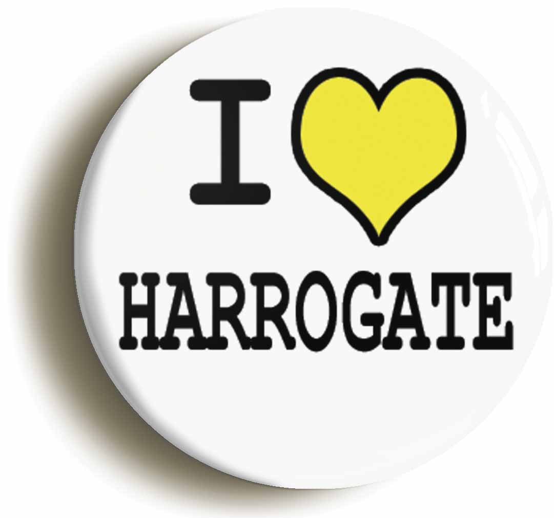 A picture of the front of the product, titled I Heart Love Harrogate Circular 50mm Fridge Magnet