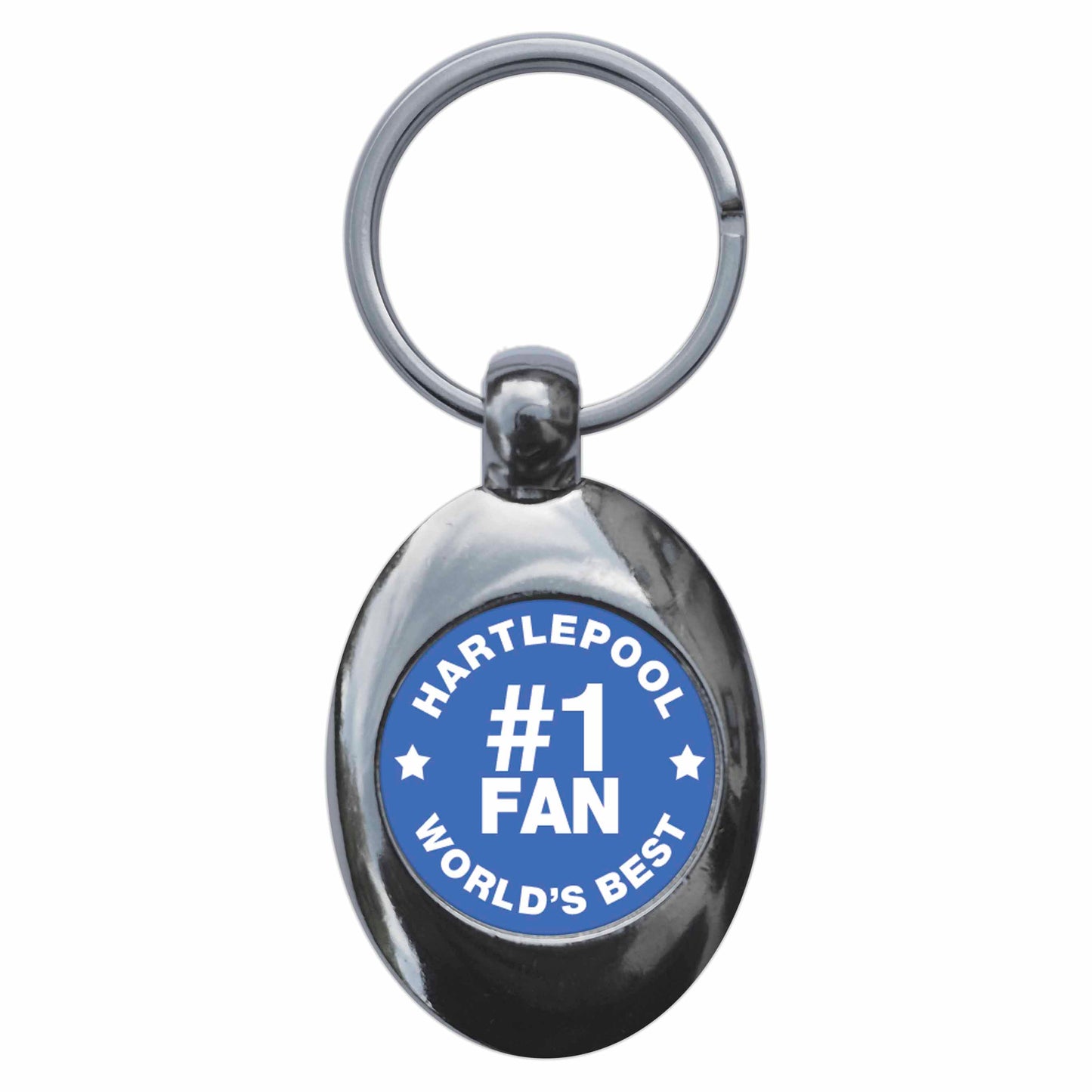 A picture of the front of the product, titled Hartlepool #1 Fan Metal Keyring With Trolley Coin